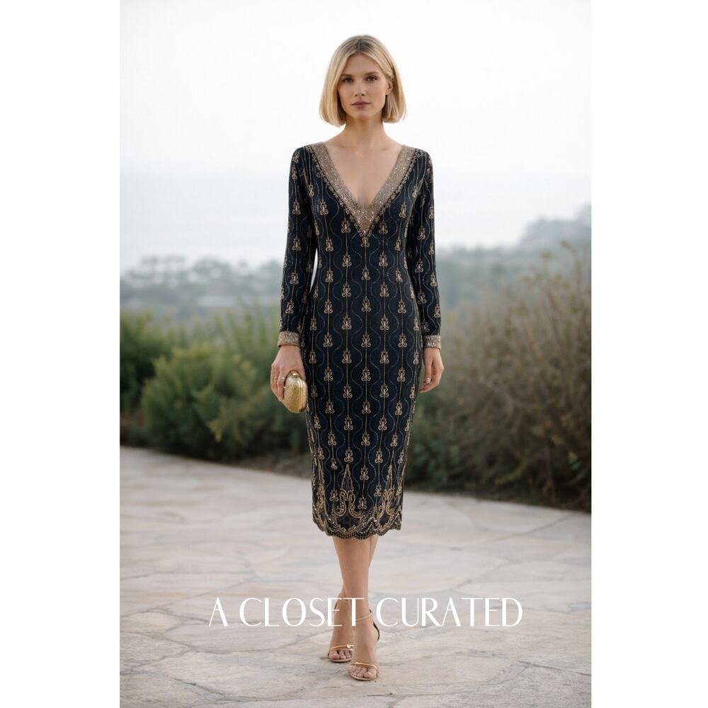 Vintage Silk Beaded Sheath Dress Black